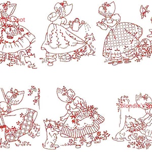 Digital Hand Embroidery Design R 2372 Gay Little Ladies Sunbonnet Girls & Scotties Dogs Six of them for Dish Towels PDF file a Download file