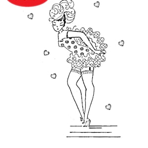 May include: Black and white illustration of a woman in a polka dot dress and high heels, with hearts scattered around. The image has a vintage style, with the word "PDF" in a red oval in the upper left corner.