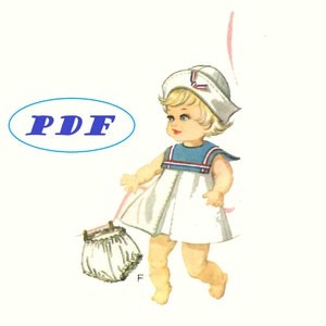May include: A vintage illustration of a doll wearing a white sailor dress with blue trim and a white sailor hat. The doll is holding a white basket with a lace trim. The illustration is labeled "PDF".