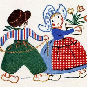 Cyfrowy haft ręczny 779 Holenderscy chłopcy i dziewczęta w aplikacji na ściereczki kuchenne plik PDF do natychmiastowego pobrania lata 40. XX wieku