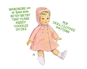 Vintage Doll Clothes pattern 2520 - 16" Baby or Toddler dolls such as Kissey, Betsy Wetsy, Tiny Tears, Toodles - Printable PDF Download
