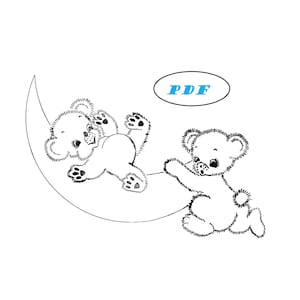 Vintage Handstickerei 705 Teddybären mit Mond und Sternen Babydecke, Decke, Kissen, Handtücher, Vorhänge usw. - Druckbarer PDF-Download