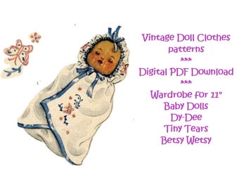 Charming Vintage Doll Clothing Patterns - Digital PDF Download - Wardrobe for 11" Dy-dee, Betsy Wetsy, Tiny Tears - Baby Doll Collector Gift