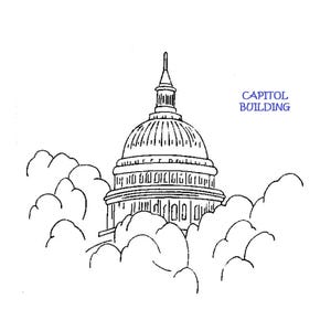 May include: A black and white line drawing of the United States Capitol Building, with the text "CAPITOL BUILDING" above it. The building is surrounded by clouds.