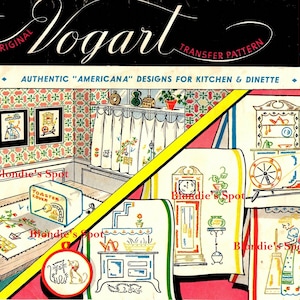 May include: A vintage Vogart transfer pattern featuring "Americana" designs for the kitchen and dinette. The cover displays various embroidered designs, including kitchen scenes, a toaster cover, and a round embroidery hoop with cat and dog. The text "Blondie's Spot" is visible.