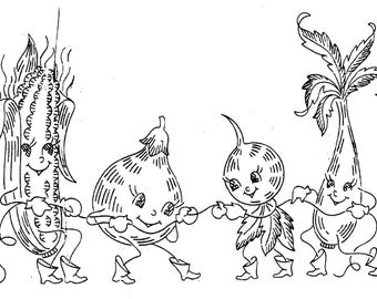 May include: A black and white line drawing of four anthropomorphic vegetables: a corn cob, a fig, a turnip, and a beet. The vegetables are all smiling and have human-like features. The corn cob is wearing a hat and the fig is holding a stick.