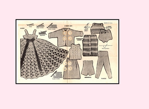 Crochet Pattern 7023 for Barbie doll Clothing 3 piece suit evening gown swimsuit