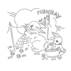 May include: A black and white line drawing of two rabbits, one holding a basket and the other with a checkered blanket. The word "MONDAY" is written in a cloud above the rabbits.