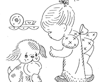Retro Hand Embroidery pattern - 823 Little Helpers doing daily chores for Dish Towels 1960's He's baking dusting - Printable PDF Download