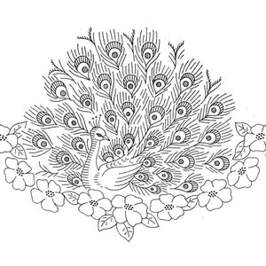 May include: A black and white line drawing of a peacock with its tail feathers spread out in a fan shape. The peacock is surrounded by flowers.