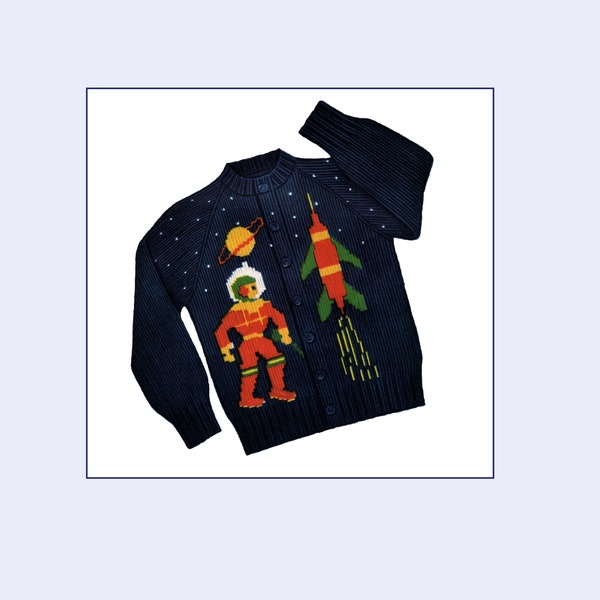 Spaceman & his Rocket ship Knitting PATTERN 408 Cardigan Pullover Sweater Boys - Girls size 4 - 10 Knitting graph a Digital PDF file