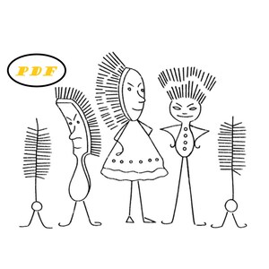 May include: A black and white line drawing of four cartoon characters. The characters are all wearing different types of brushes on their heads. The word "PDF" is written in a speech bubble above the characters.