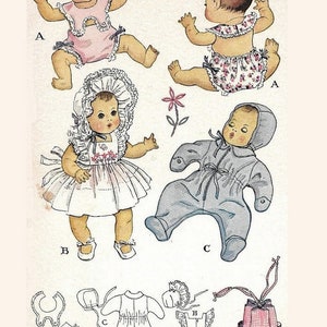 May include: A vintage sewing pattern for baby clothes for Dy-Dee dolls. The pattern includes instructions for a dress, a romper, a bonnet, and a diaper bag.