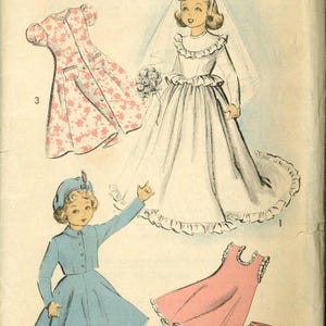 May include: A vintage sewing pattern for a 21-inch doll. The pattern includes three outfits: a white wedding dress, a blue dress with a matching hat, and a pink dress with matching bloomers. The pattern is titled "Advance 5002" and is priced at 25 cents.
