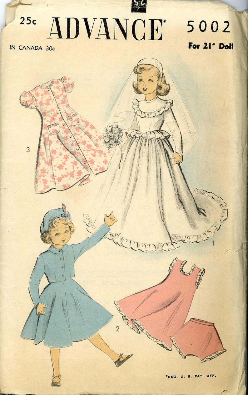 May include: A vintage sewing pattern for a 21-inch doll. The pattern includes three outfits: a white wedding dress, a blue dress with a matching hat, and a pink dress with matching bloomers. The pattern is titled "Advance 5002" and is priced at 25 cents.