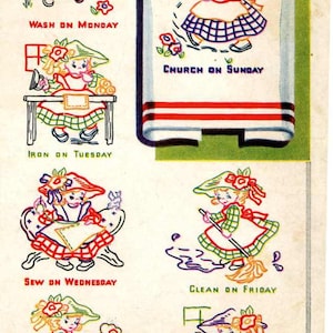 Seven Sunbonnet Girls for Days of the week Kitchen dish towels taken from 1940s Simplicity 4048 Digital Hand Embroidery design