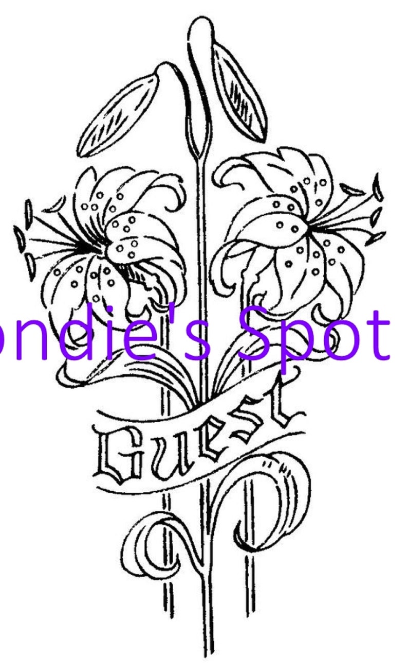 May include: Black and white line drawing of two lilies with a banner that reads "Guest".