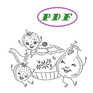 May include: A black and white line drawing of a teapot with a strawberry and a pear on either side. The teapot has a floral design and the strawberry and pear have faces.