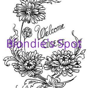 May include: Black and white line art illustration of a floral design with the text "Welcome" and "Blondie's Spot".
