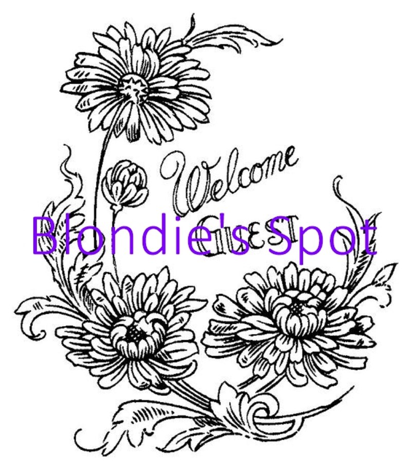 May include: Black and white line art illustration of a floral design with the text "Welcome" and "Blondie's Spot".