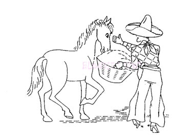 Digital Hand Embroidery Pattern Design 2017 Cowboy Bob & Horse - Western - Rodeo for Dish Towels