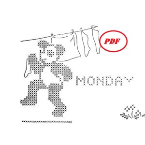 May include: Black and white cross-stitch pattern of a figure hanging laundry on a clothesline. The word "MONDAY" is stitched below the figure. A red circle with the word "PDF" is in the upper right corner. The image is on a white background.