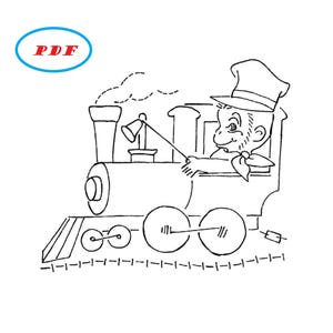 以下が含まれることがあります： 運転士が乗っているカートゥーンの列車の白黒の線画。列車は線路の上にあり、煙突から煙が立ち上っている。