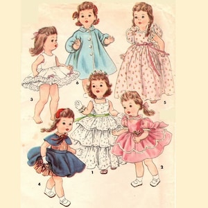 May include: Six dolls wearing different dresses. The dolls are wearing a blue coat, a white dress with ruffles, a pink dress with ruffles, a blue dress with a red bow, a white dress with lace, and a pink floral dress. The dolls are numbered 1 through 6.