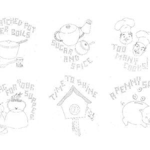 Może przedstawiać: Czarno-biała ilustracja sześciu różnych powiedzeń. Przysłowia to: "Patrzona woda nie wrze", "Cukier i przyprawy", "Za dużo kucharzy", "Śpiewaj za swój obiad", "Czas błyszczeć", i "Zaoszczędzony grosz".