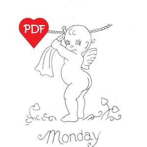 May include: A black and white line drawing of a cherub holding a piece of fabric. The cherub is hanging from a rope with a red heart that says "PDF" on it. The cherub is standing on a grassy surface with a heart-shaped flower. The word "Monday" is written below the cherub.