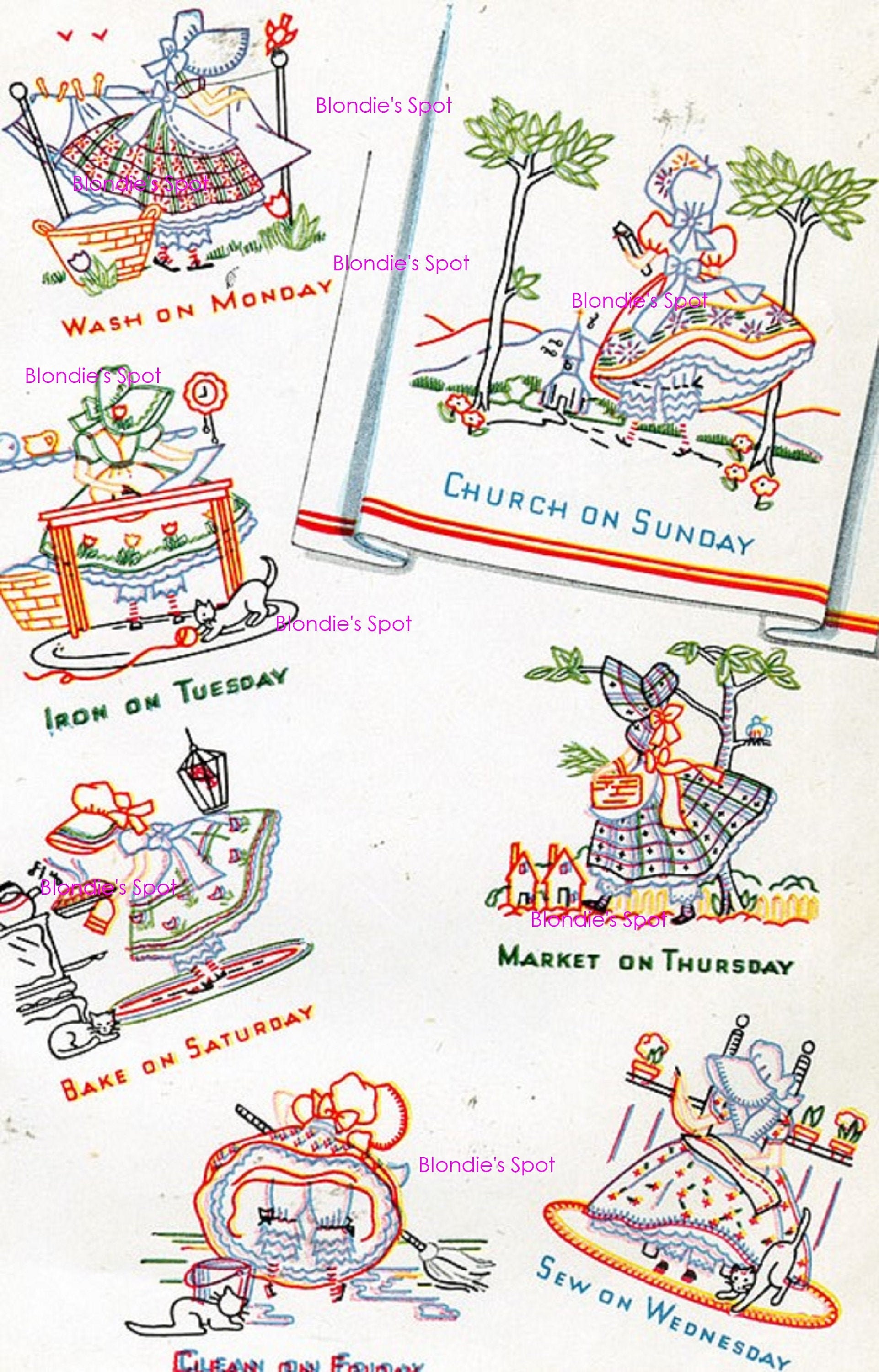 Vintage Embroidery transfer repo 9196 Sunbonnet Applique Days of the Week towels 