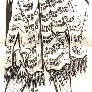 May include: A black and white illustration of a woman wearing a crocheted poncho with fringe. The poncho has a button closure and a wavy pattern.