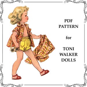 May include: A digital PDF pattern for Toni Walker dolls featuring a vintage-style illustration of a blonde child wearing a red and yellow plaid shirt, yellow shorts, and red sandals, while holding a matching plaid jacket and a pair of sunglasses.