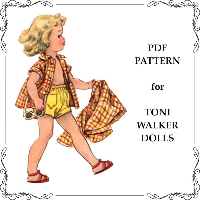 May include: A digital PDF pattern for Toni Walker dolls featuring a vintage-style illustration of a blonde child wearing a red and yellow plaid shirt, yellow shorts, and red sandals, while holding a matching plaid jacket and a pair of sunglasses.