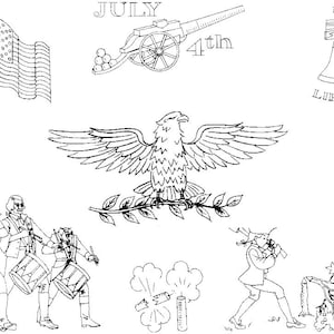 May include: A black and white illustration of a patriotic scene with an American flag, a cannon, a bell, an eagle, and people playing music. The text "JULY 4th" and "LIBERTY" are also included in the image.