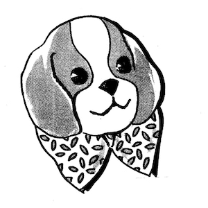 May include: Black and white illustration of a dog wearing a patterned bow tie. The dog has a white face with black ears and a black nose.