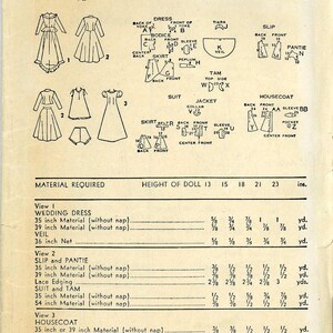 May include: A vintage sewing pattern for a doll's wedding dress, slip, pantie, suit, tam, and housecoat. The pattern includes instructions for cutting and making the garments. The pattern is for a doll that is 13 to 23 inches tall. The pattern is from the Advance company and is number 5002.