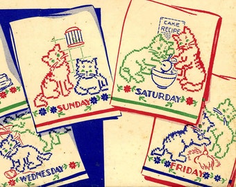 142 Kittens for Days of the Week Towels Digital Hand Embroidery PATTERN 40s PDF instant download
