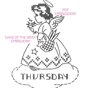 K&ouml;nnte beinhalten: Schwarz-wei&szlig;-Linienzeichnung eines Engels, der einen Blumenkorb h&auml;lt. Der Engel steht auf einer Wolke mit dem Wort "THURSDAY" darauf. Dies ist ein PDF-Stickmuster f&uuml;r ein Kreuzstichprojekt.