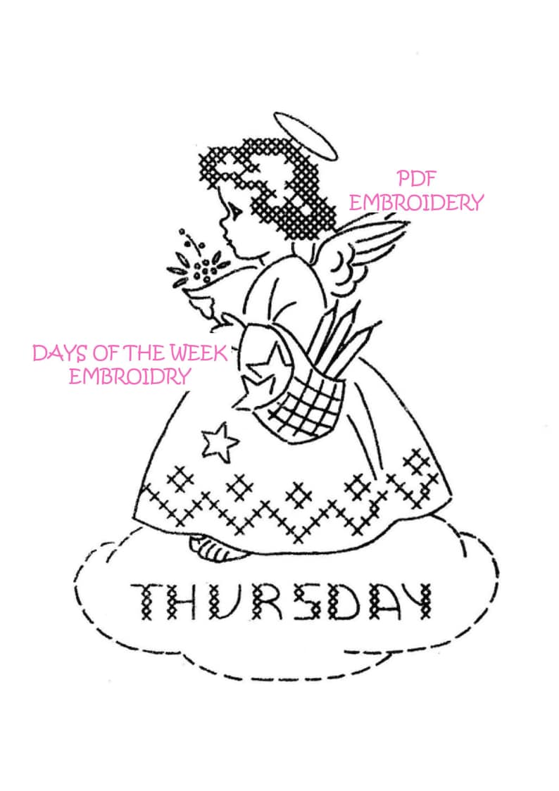 K&ouml;nnte beinhalten: Schwarz-wei&szlig;-Linienzeichnung eines Engels, der einen Blumenkorb h&auml;lt. Der Engel steht auf einer Wolke mit dem Wort "THURSDAY" darauf. Dies ist ein PDF-Stickmuster f&uuml;r ein Kreuzstichprojekt.
