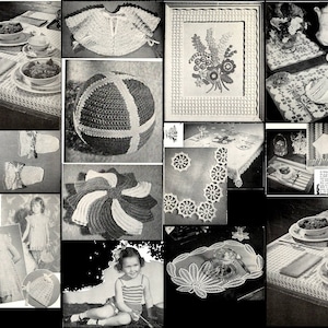 May include: A collection of crochet patterns featuring various designs, including a table runner, a doily, a tablecloth, a hat, a baby blanket, and a pillow. The patterns are shown in black and white.