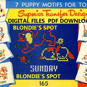 Vintage Hand Embroidery PATTERN 1918 Puppy & Kitten Days of the Week Kitchen Towels Instant PDF Download