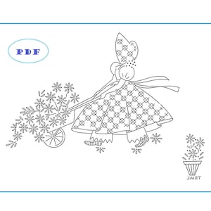 Hand Embroidery pattern Sunbonnet Girls in Cross Stitch -7364 - Digital - PDF files - Girls in the Garden of Flowers with pantaloons