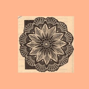 May include: A black and white crocheted doily with a floral design. The doily is circular and has a center with a smaller floral design.
