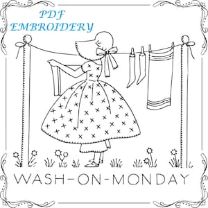 Handborduurwerk Sunbonnet Girls for Days of the Week theedoeken 120 a DIGITAAL - pdf-bestand zondag kerk maandag wassen dinsdag strijken naaien wo