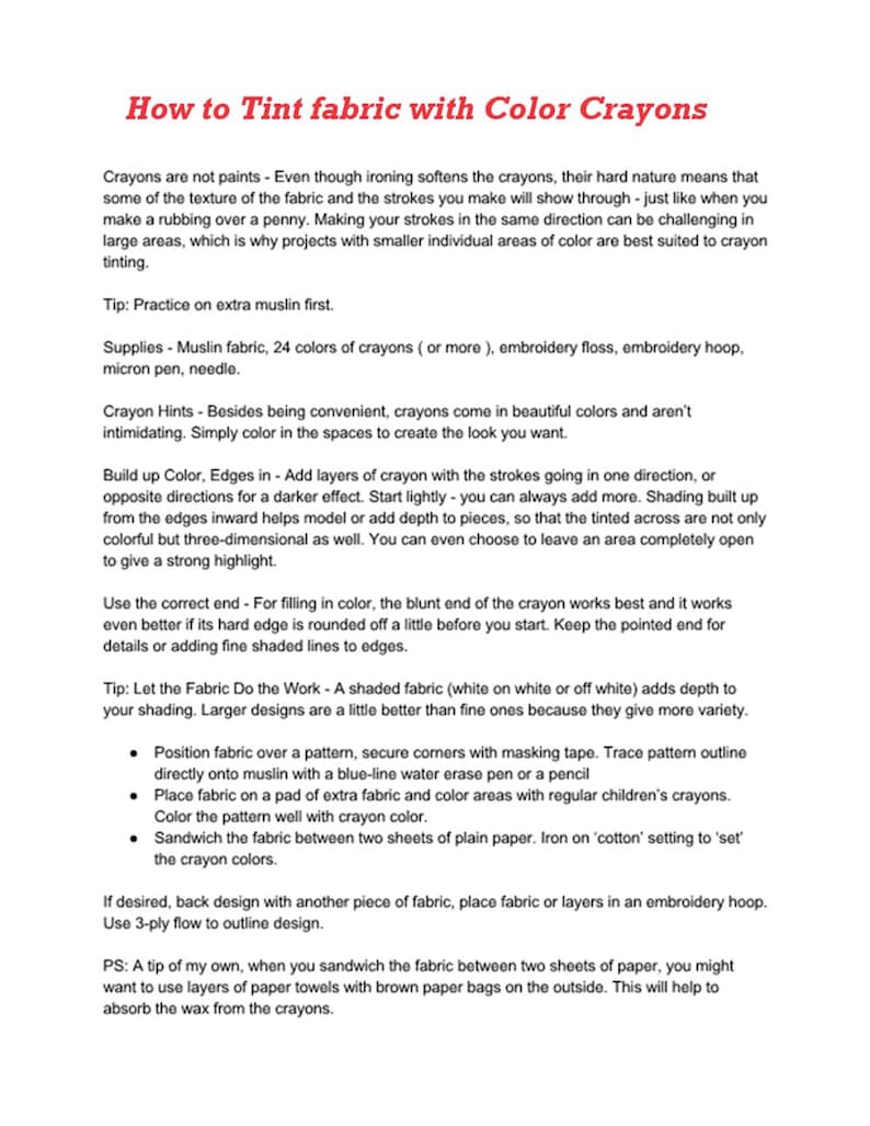 K&ouml;nnte beinhalten: Eine Schritt-f&uuml;r-Schritt-Anleitung zum F&auml;rben von Stoff mit Buntstiften. Der Text erkl&auml;rt, wie man Buntstift verwendet, um Stoff Farbe und Tiefe zu verleihen, einschlie&szlig;lich Tipps zur Verwendung des richtigen Stiftspitzenendes, zum Aufbau von Farbe und zum Hinzuf&uuml;gen von feinen schattierten Linien. Der Text erw&auml;hnt auch die Verwendung eines schattierten Stoffes, wie z. B. Wei&szlig; auf Wei&szlig;, um der Schattierung Tiefe zu verleihen.