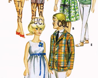 May include: A set of five paper dolls, including two male dolls and three female dolls. The dolls are dressed in various outfits, including a white shirt and striped shorts, a green dress with floral print, a white dress with blue flowers, a plaid jacket and white pants, and a striped shirt and white pants. The dolls are labeled with letters A through E.