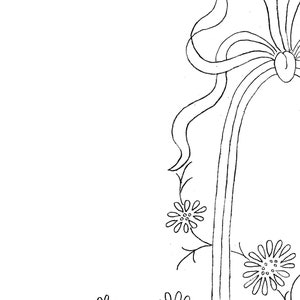 May include: A black and white line drawing of a bow with a floral design. The bow is tied with a ribbon and has a floral design on the bottom.