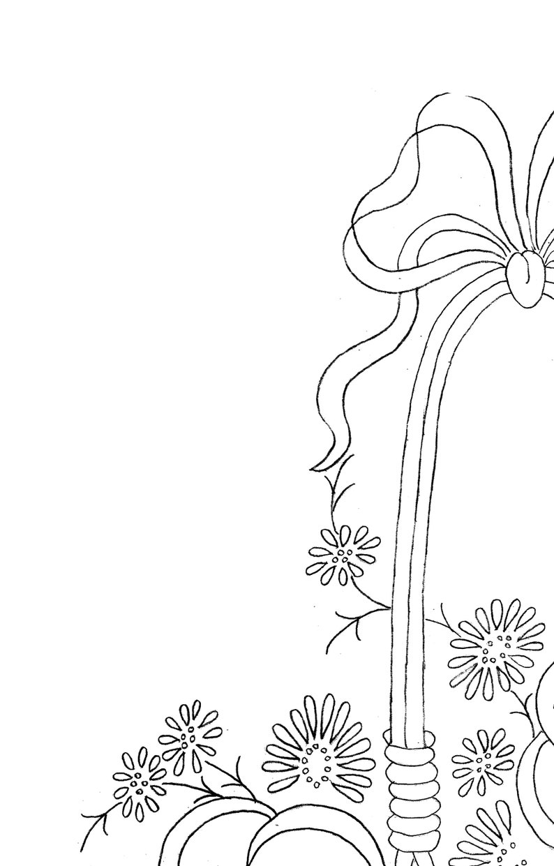 May include: A black and white line drawing of a bow with a floral design. The bow is tied with a ribbon and has a floral design on the bottom.
