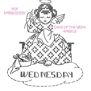 K&ouml;nnte beinhalten: Eine Schwarzwei&szlig;-Zeichnung eines Engels, der Garn und eine Schere h&auml;lt. Der Engel sitzt auf einer Wolke mit dem Wort "MITTWOCH" darauf. Der Text "TAGE DER WOCHE ENGEL" steht &uuml;ber dem Engel. Der Text "PDF STICKEREI" steht oben links.